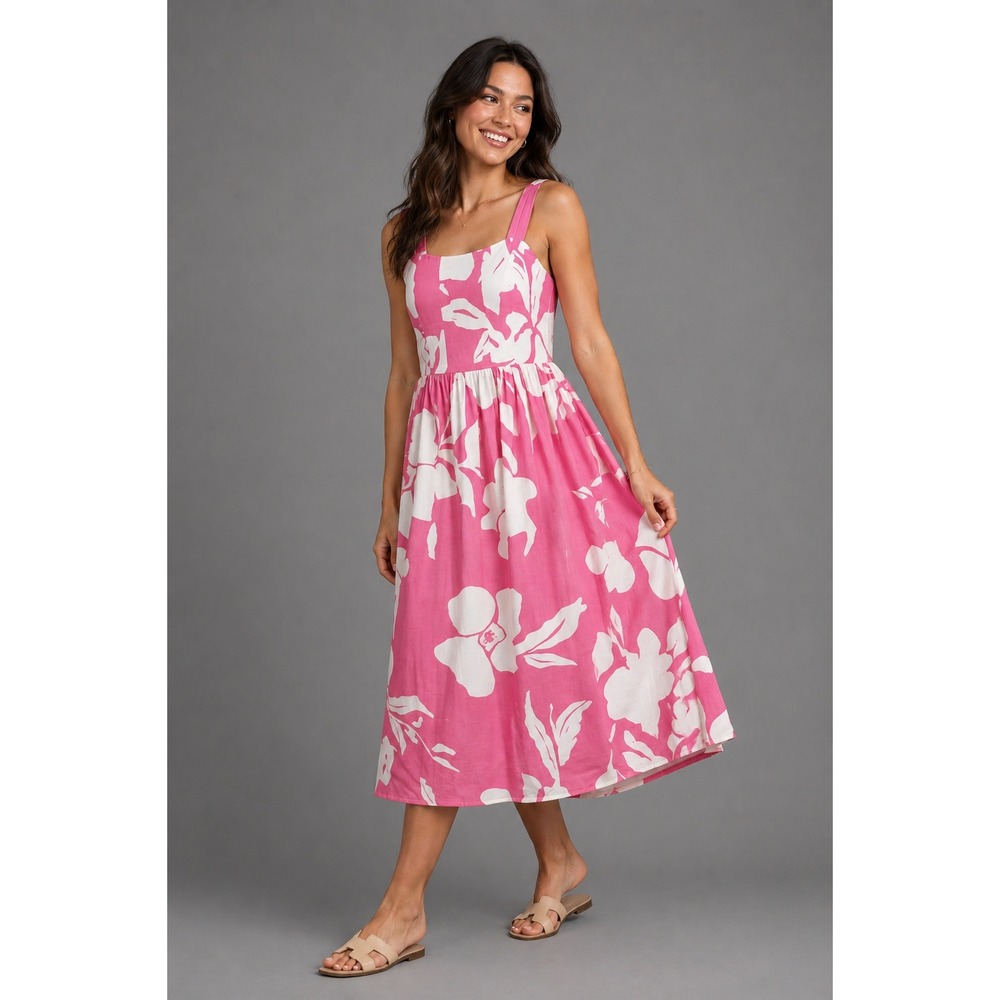 Linda Anderson Dress Size Large Linen Blend Pink White Floral Smocked Midi NWT